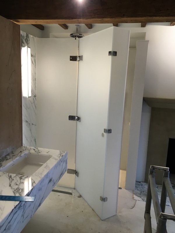 Bespoke frosted glass shower enclosure in Hayes luxury bathroom